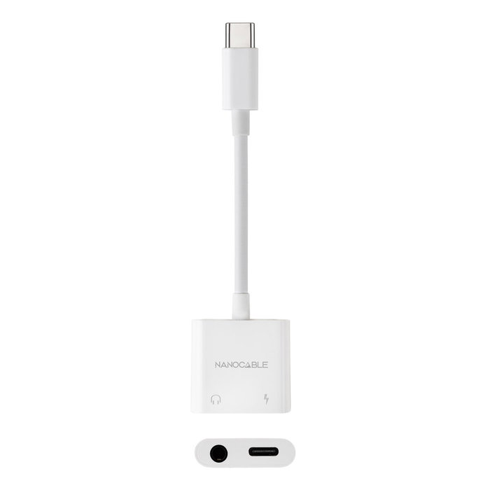Nanocable Adaptador de Audio USB-C Macho a Jack 3.5 Hembra y USB-C Hembra PD 60W, Blanco