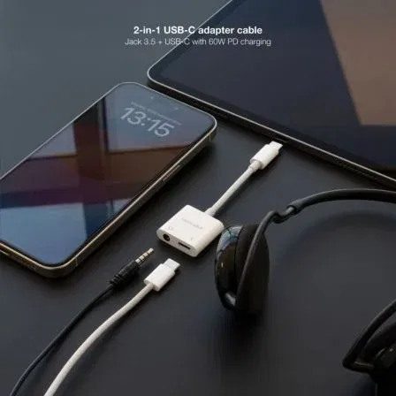 Nano Cable 10.24.1206 Adaptador Audio USB-C Macho a Jack 3.5 Hembra + USB-C Hembra Carga PD 60W Blanco