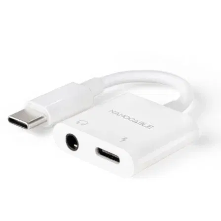 Nano Cable 10.24.1206 Adaptador Audio USB-C Macho a Jack 3.5 Hembra + USB-C Hembra Carga PD 60W Blanco