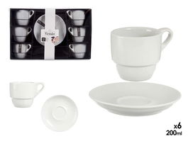 Vessia Set 6 Tazas de Café de Porcelana Blanca con Plato 200ml - Dimensiones Taza 10.2x7.5x7cm, Plato 14.7x14.7x1.5cm - Medida Exterior Set 22x8.5x36cm (Set de 6)