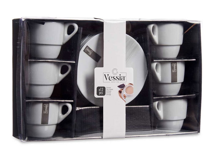 Vessia Set 6 Tazas de Café de Porcelana Blanca con Plato 200ml - Dimensiones Taza 10.2x7.5x7cm, Plato 14.7x14.7x1.5cm - Medida Exterior Set 22x8.5x36cm (Set de 6)