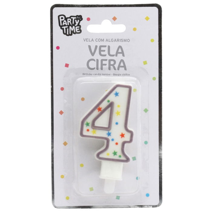 Party Time Vela Aniversario Número 4 Decorada Círculos Estrellas 9,5 cm