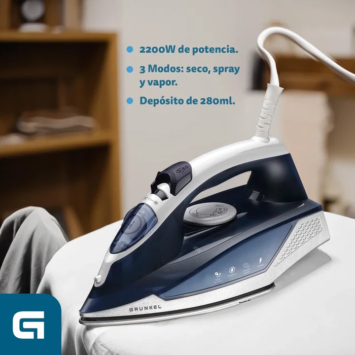 Grunkel PL-22NS Plancha de Vapor y Seco, 2200W, Vapor 120 g/min, Suela Acero Inoxidable Antical, Función Anti-Goteo y Espray, Color Azul Grunkel PL-22NS Plancha de Vapor y Seco, 2200W, Vapor 120 g/min, Suela Acero Inoxidable Antical, Función Anti-Goteo y Espray, Color Azul