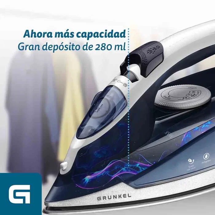 Grunkel PL-22NS Plancha de Vapor y Seco, 2200W, Vapor 120 g/min, Suela Acero Inoxidable Antical, Función Anti-Goteo y Espray, Color Azul Grunkel PL-22NS Plancha de Vapor y Seco, 2200W, Vapor 120 g/min, Suela Acero Inoxidable Antical, Función Anti-Goteo y Espray, Color Azul