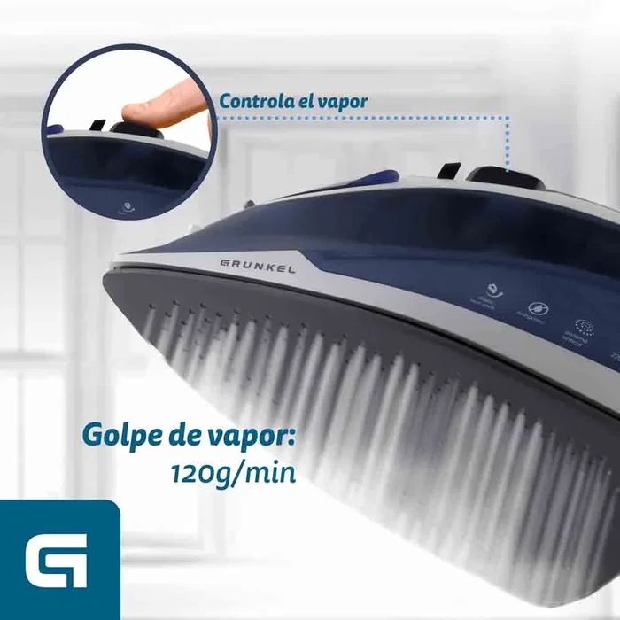 Grunkel PL-22NS Plancha de Vapor y Seco, 2200W, Vapor 120 g/min, Suela Acero Inoxidable Antical, Función Anti-Goteo y Espray, Color Azul Grunkel PL-22NS Plancha de Vapor y Seco, 2200W, Vapor 120 g/min, Suela Acero Inoxidable Antical, Función Anti-Goteo y Espray, Color Azul