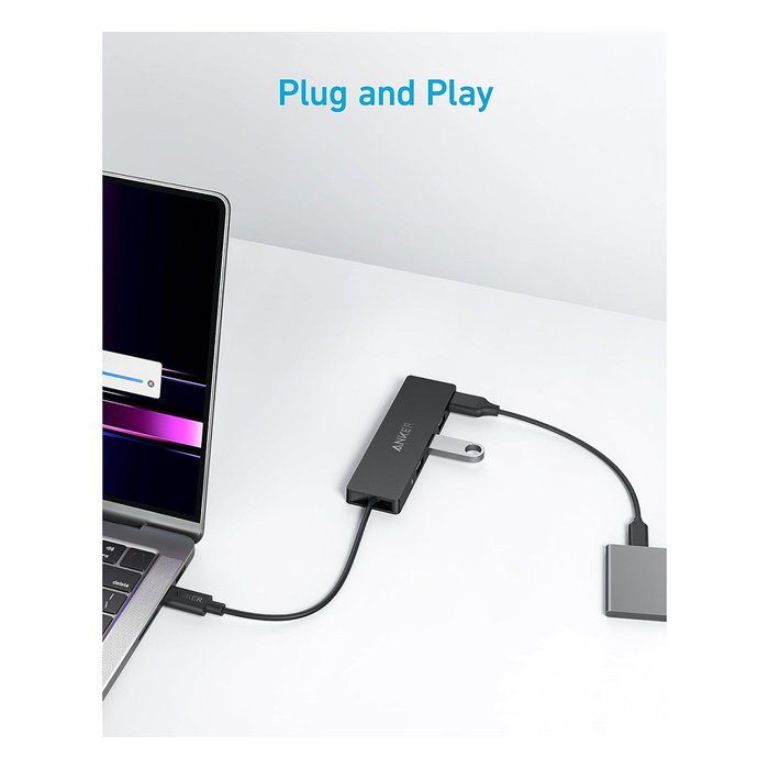 Anker Ultra Slim - Hub USB-C a 4x USB-A 3.2 Gen 1 (5 Gbit/s), Negro, Plug & Play, con cable 20cm