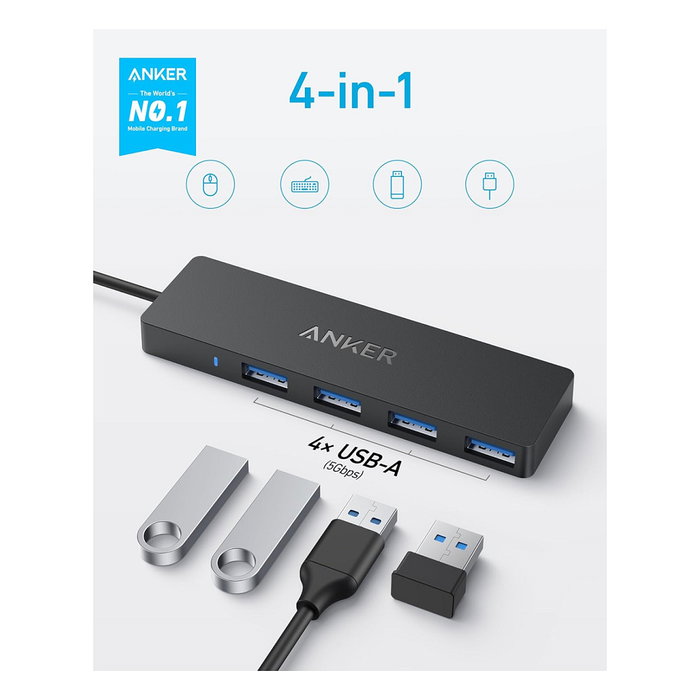 Anker Ultra Slim - Hub USB-C a 4x USB-A 3.2 Gen 1 (5 Gbit/s), Negro, Plug & Play, con cable 20cm