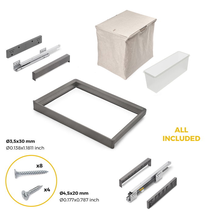 Emuca Kit de bandeja auxiliar, cesto y bastidor regulable Quartz para armarios, guías de cierre suave y extracción total, Módulo 70cm, Acabado Titanio