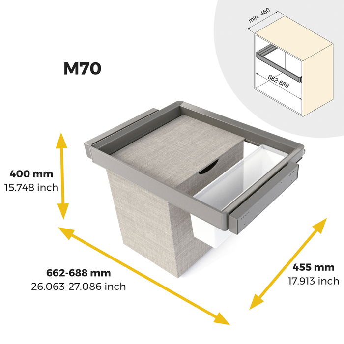 Emuca Kit de bandeja auxiliar, cesto y bastidor regulable Quartz para armarios, guías de cierre suave y extracción total, Módulo 70cm, Acabado Titanio