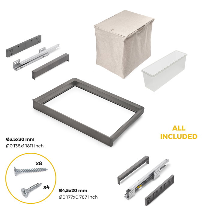 Emuca Kit de bandeja auxiliar, cesto y bastidor regulable Quartz para armarios, guías de cierre suave y extracción total, Módulo 70cm, Acabado Titanio