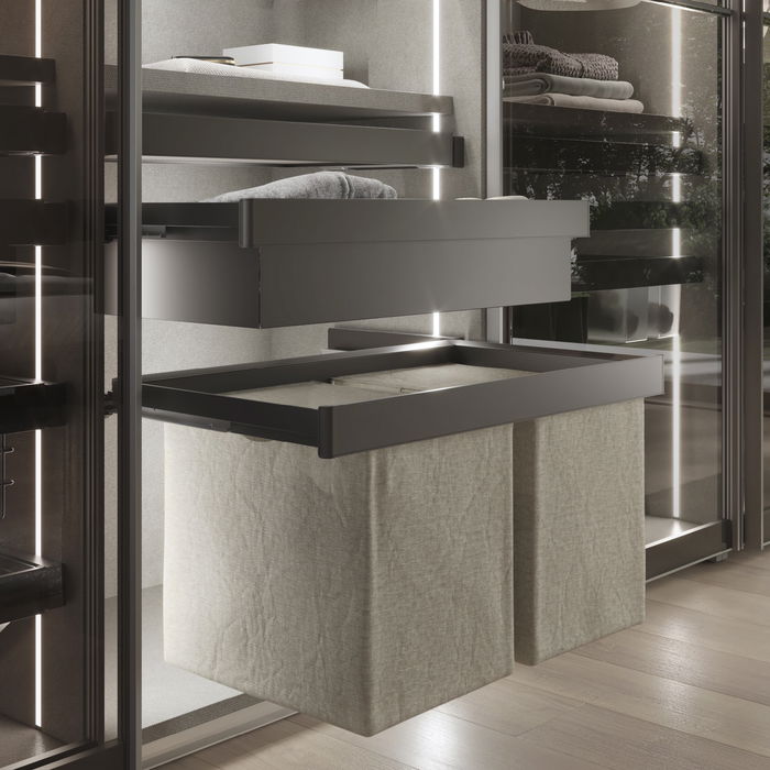 Emuca Kit de bandeja auxiliar, cesto y bastidor regulable Quartz para armarios, guías de cierre suave y extracción total, Módulo 70cm, Acabado Titanio