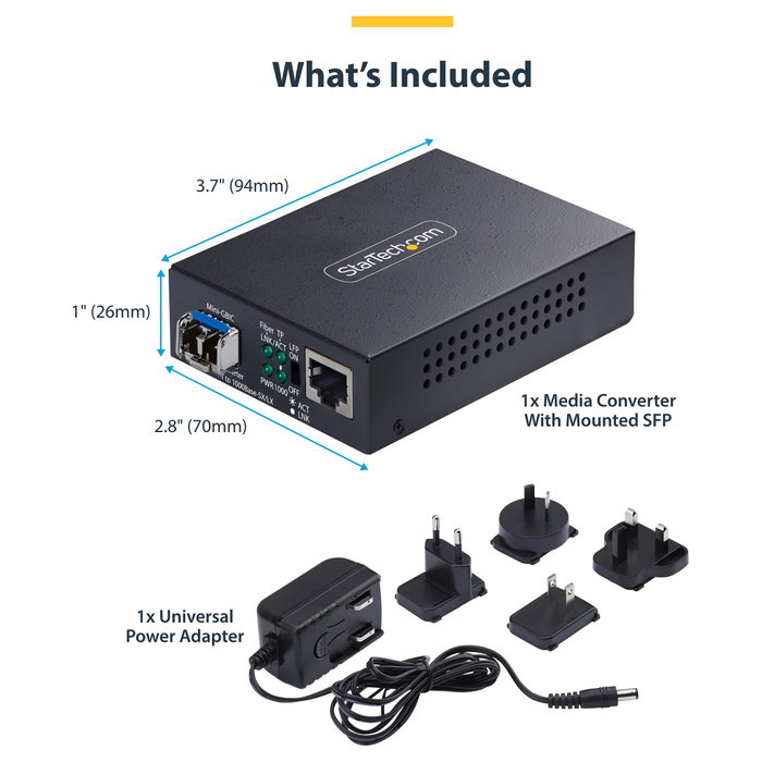 StarTech.com MCM1110SMLC20 Convertidor de Medios Fibra Óptica Monomodo, Gigabit 10/100/1000 Mbps a 1000Base-LX LC, 20 km, Carcasa de Metal, TAA, Negro