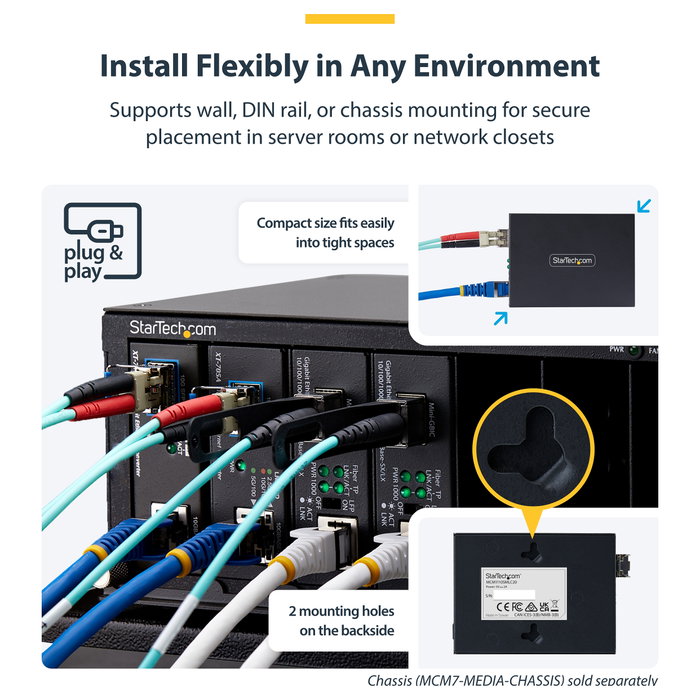 StarTech.com MCM1110SMLC20 Convertidor de Medios Fibra Óptica Monomodo, Gigabit 10/100/1000 Mbps a 1000Base-LX LC, 20 km, Carcasa de Metal, TAA, Negro