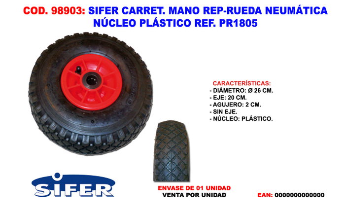 SIFER Rueda Neumática para Carretilla 260x75 mm Eje 20 mm SIFER Rueda Neumática para Carretilla 260x75 mm Eje 20 mm