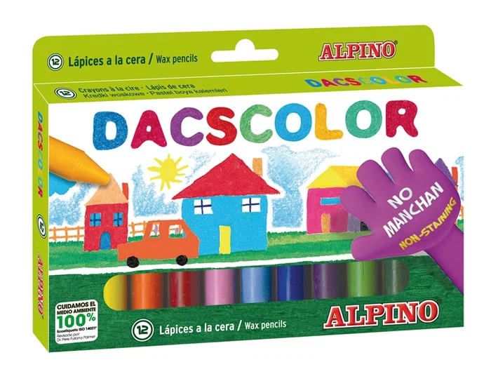 Dacs Lápices de Cera Caja de 12 Colores Intensos y Suaves, No Manchan, Mezclables