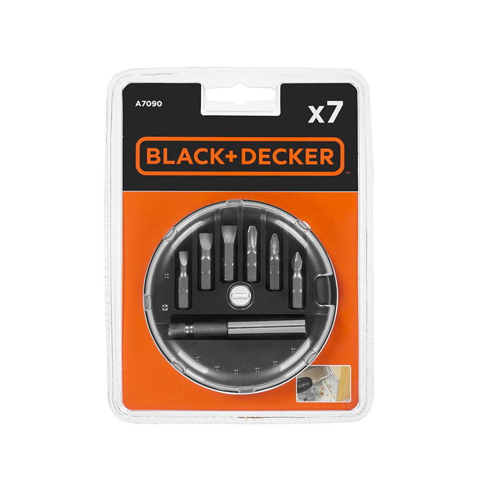 Black+Decker Juego 7 Puntas para Atornillar con Adaptador Magnético - Puntas Phillips PH 1/2/3 mm y Planas SL 4/6/7.2 mm (3 de 25 mm)