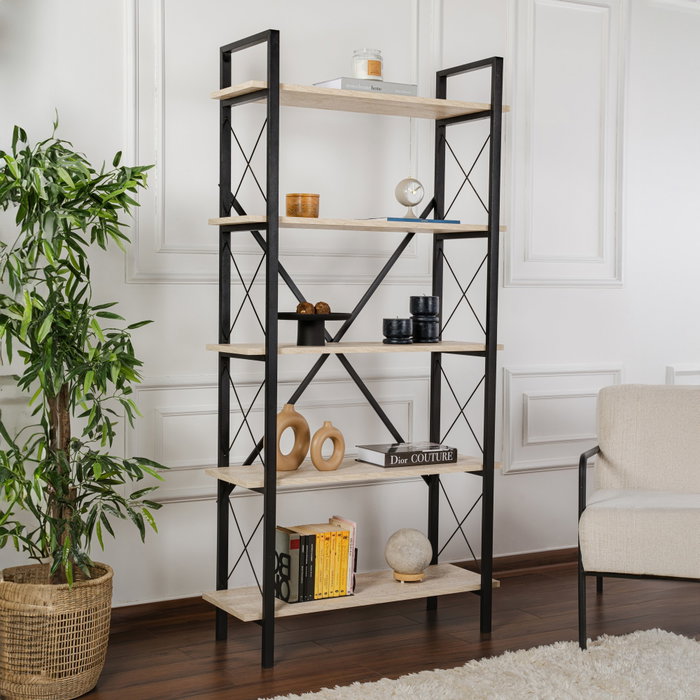 Nordure Estantería Travertino Negro Ancho 90 cm Alto 180 cm Profundo 33.5 cm Melamina Metal