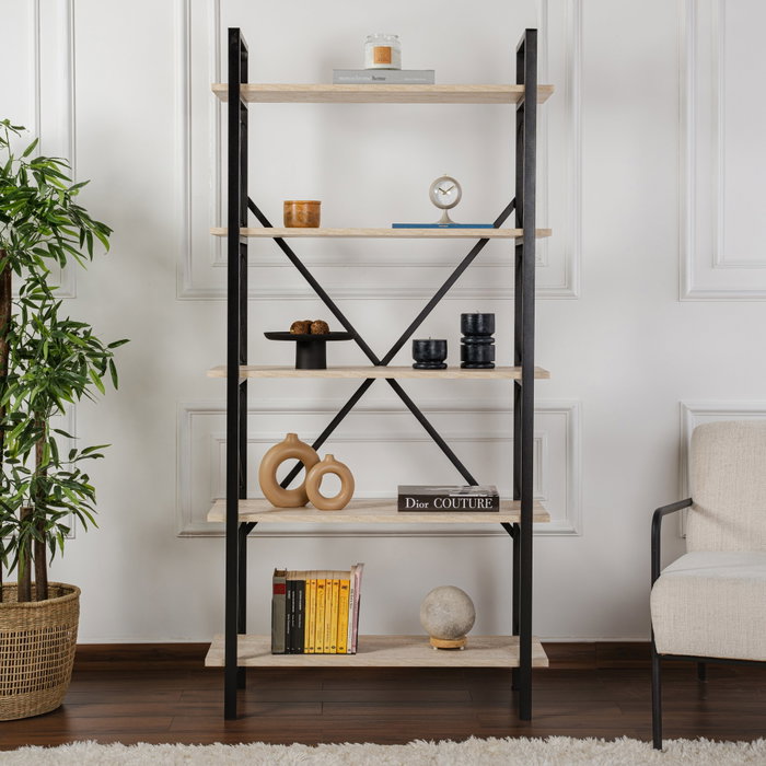 Nordure Estantería Travertino Negro Ancho 90 cm Alto 180 cm Profundo 33.5 cm Melamina Metal