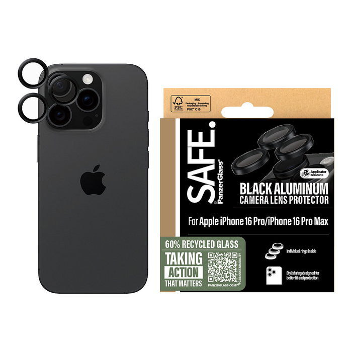 PanzerGlass SAFE Protector de Lente de Cámara Negro para iPhone 16 Pro y iPhone 16 Pro Max, Vidrio Templado