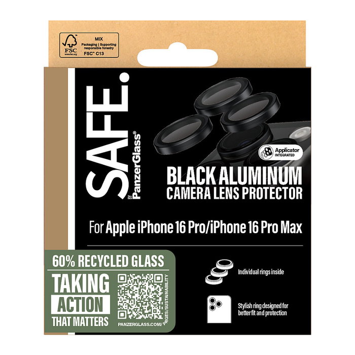 PanzerGlass SAFE Protector de Lente de Cámara Negro para iPhone 16 Pro y iPhone 16 Pro Max, Vidrio Templado