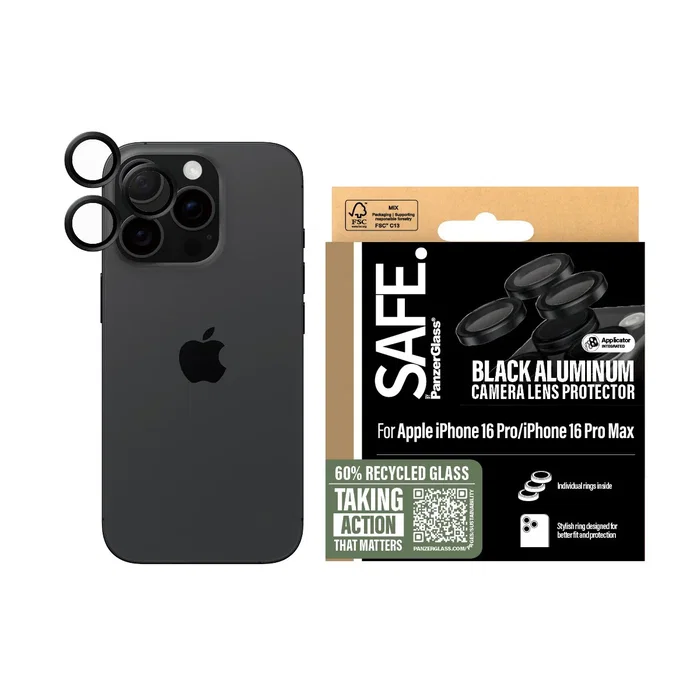 PanzerGlass Protector PanzerGlass SAFE para Cámara Lens, Negro, para Apple iPhone 16 Pro y 16 Pro Max, Vidrio Templado, Aplicación en Seco, Resistente a Golpes y Rayones