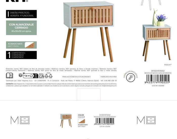 Inde Mesita de Noche Auxiliar de Madera, Mueble de Dormitorio, Dimensiones: 33 x 21.8 x 43.6 cm (4 Unidades)