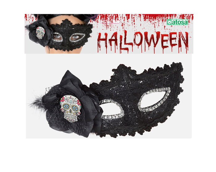Antifaz Muerte Mexicana Negro Brillante con Encaje y Calavera para Mujer Adulto - Halloween