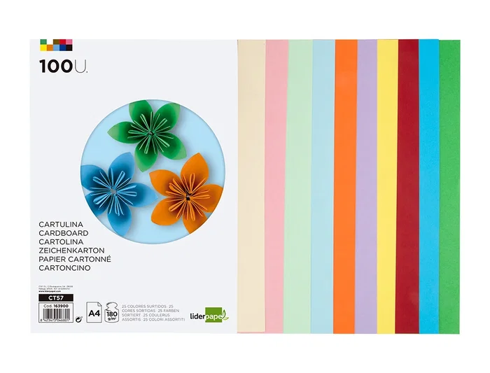 Liderpapel Cartulina A4 180g/m2 25 Colores Surtidos Paquete 100 Hojas