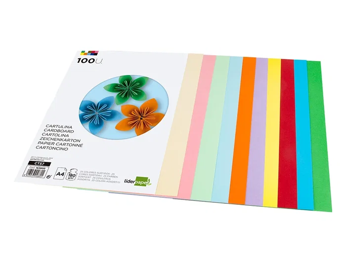 Liderpapel Cartulina A4 180g/m2 25 Colores Surtidos Paquete 100 Hojas