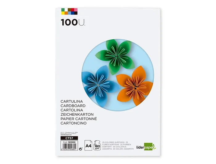 Liderpapel Cartulina A4 180g/m2 25 Colores Surtidos Paquete 100 Hojas