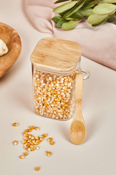 Hermia Bambu Kapak 12 Tarro de Vidrio con Tapa y Cuchara de Bambú 12 x 8 cm