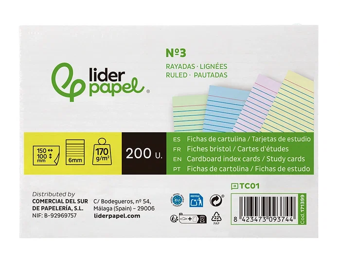 Liderpapel Tarjetas de Estudio Flashcards Rayadas Colores Pastel 170g