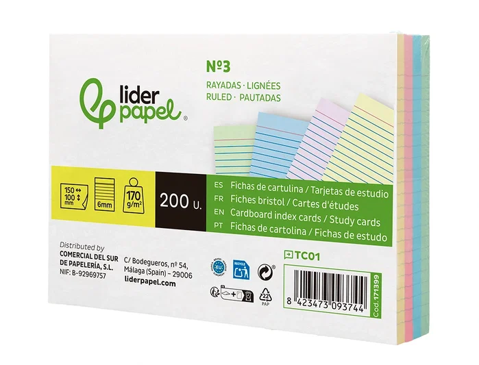 Liderpapel Tarjetas de Estudio Flashcards Rayadas Colores Pastel 170g