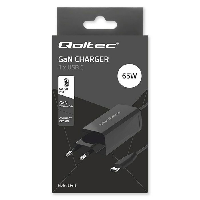 Qoltec 65W GaN Super Fast USB 3.1 para Laptop, Smartphone y Tablet