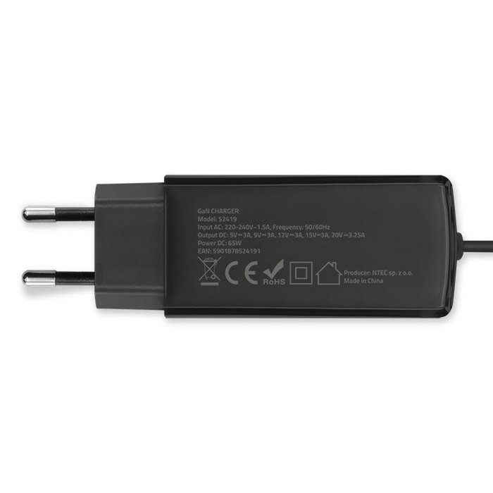 Qoltec 65W GaN Super Fast USB 3.1 para Laptop, Smartphone y Tablet