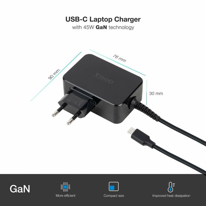 Tooq Cargador de Portátil GaN TQLC-USBCGAN45PD USB Tipo-C 45W Negro Tooq Cargador de Portátil GaN TQLC-USBCGAN45PD USB Tipo-C 45W Negro