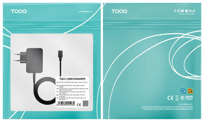 Tooq Cargador de Portátil GaN TQLC-USBCGAN45PD USB Tipo-C 45W Negro Tooq Cargador de Portátil GaN TQLC-USBCGAN45PD USB Tipo-C 45W Negro