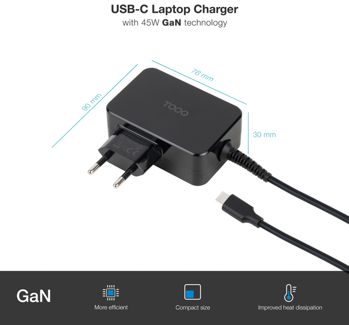 Tooq Cargador de Portátil GaN TQLC-USBCGAN45PD USB Tipo-C 45W Negro Tooq Cargador de Portátil GaN TQLC-USBCGAN45PD USB Tipo-C 45W Negro