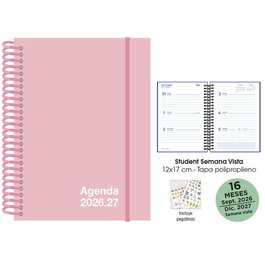 Agenda Anual (2026-27) Senfort 16 Meses Student Unicolor Espiral Tapa Pp Con Goma 120X170 S/V Pastel Rosa