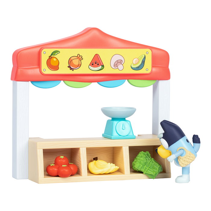 Moose Bluey Set Mercado de Frutas y Verduras 17555, Juguete Educativo con Figura Articulada y Accesorios, Español