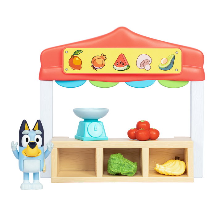 Moose Bluey Set Mercado de Frutas y Verduras 17555, Juguete Educativo con Figura Articulada y Accesorios, Español