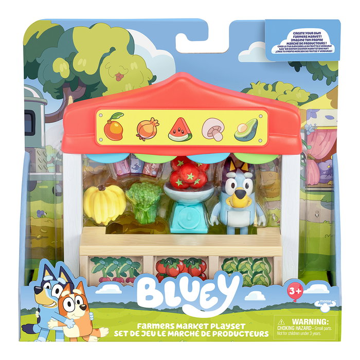 Moose Bluey Set Mercado de Frutas y Verduras 17555, Juguete Educativo con Figura Articulada y Accesorios, Español