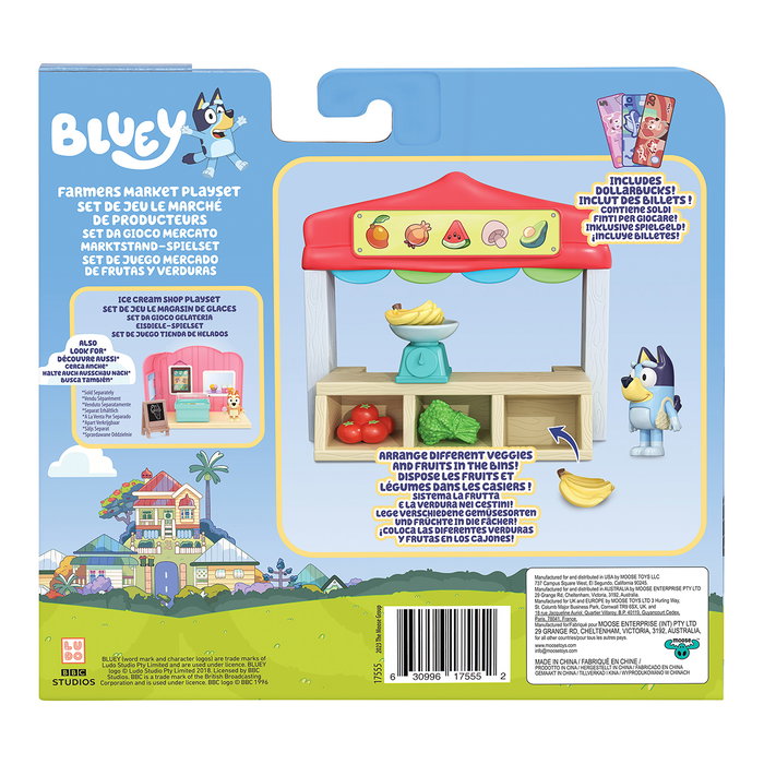 Moose Bluey Set Mercado de Frutas y Verduras 17555, Juguete Educativo con Figura Articulada y Accesorios, Español