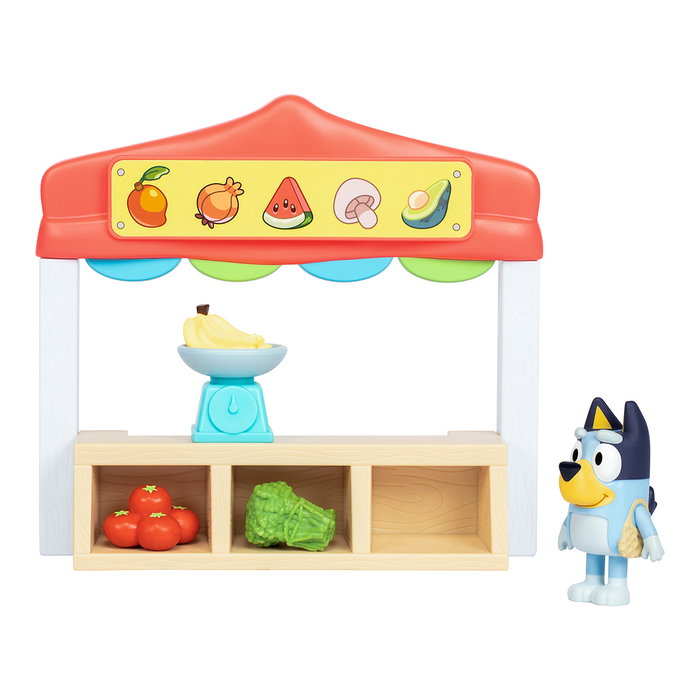 Moose Bluey Set Mercado de Frutas y Verduras 17555, Juguete Educativo con Figura Articulada y Accesorios, Español