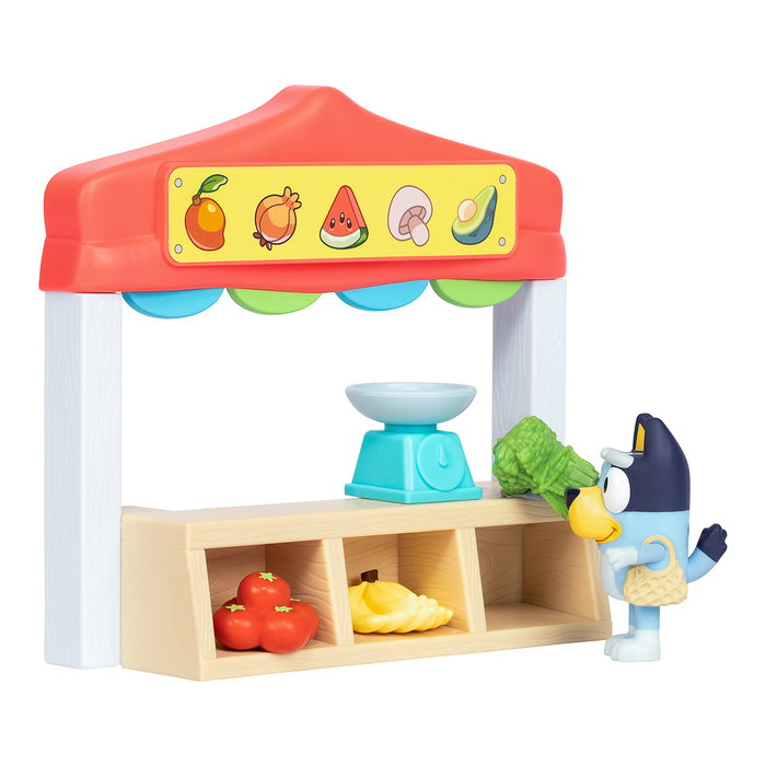 Moose Bluey Set Mercado de Frutas y Verduras 17555, Juguete Educativo con Figura Articulada y Accesorios, Español