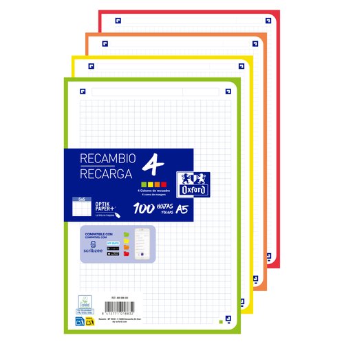 Oxford Recambio School A5 100 Hojas Cuadriculado 5x5 6 Taladros 4 Colores Vivos