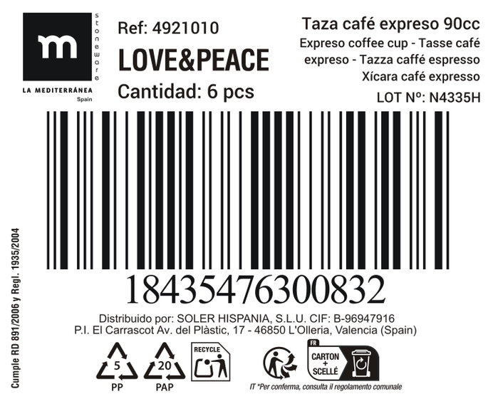 Taza de café espresso 90 cc Love & Peace - Medidas 5,5 x 6,9 cm, 130 g (36 Unidades)