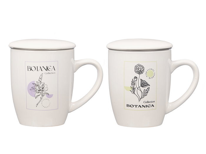 Vessia Taza Porcelana Botanica con Tapa y Filtro, Surtidos, 340 ml, Acero Inoxidable, 12x10x8 cm (Set de 24)