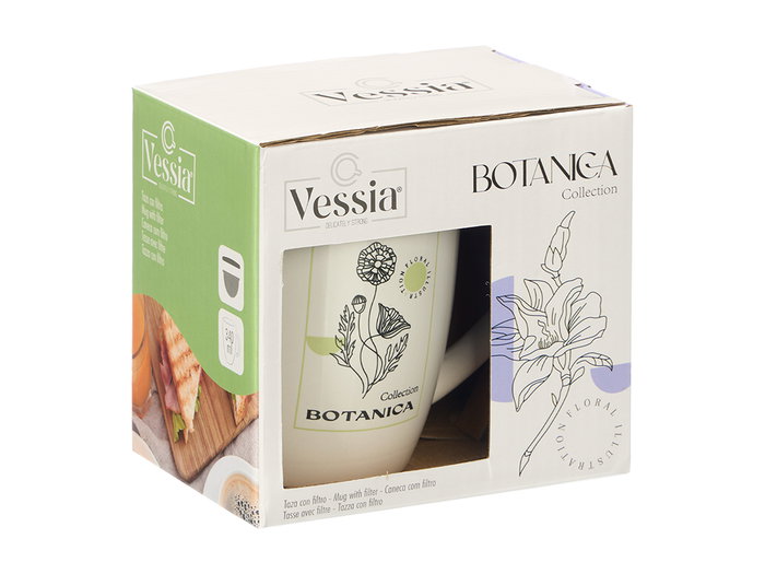 Vessia Taza Porcelana Botanica con Tapa y Filtro, Surtidos, 340 ml, Acero Inoxidable, 12x10x8 cm (Set de 24)