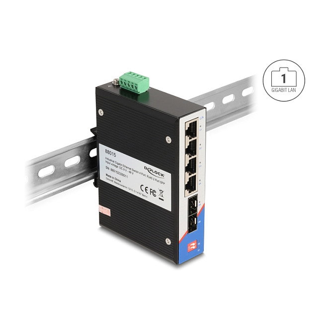 DeLOCK 88015 Conmutador Gigabit Ethernet Industrial con 4 Puertos RJ45 y 2 Puertos SFP
